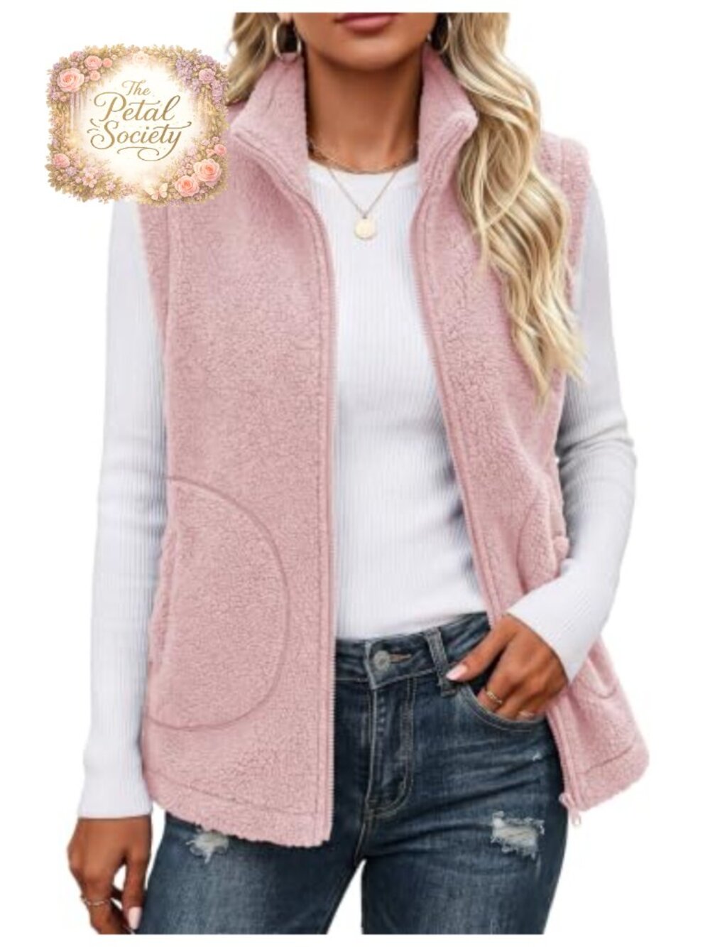 Sherpa Fleece Zip Up Vest Sleeveless Fuzzy Winter Outerwear